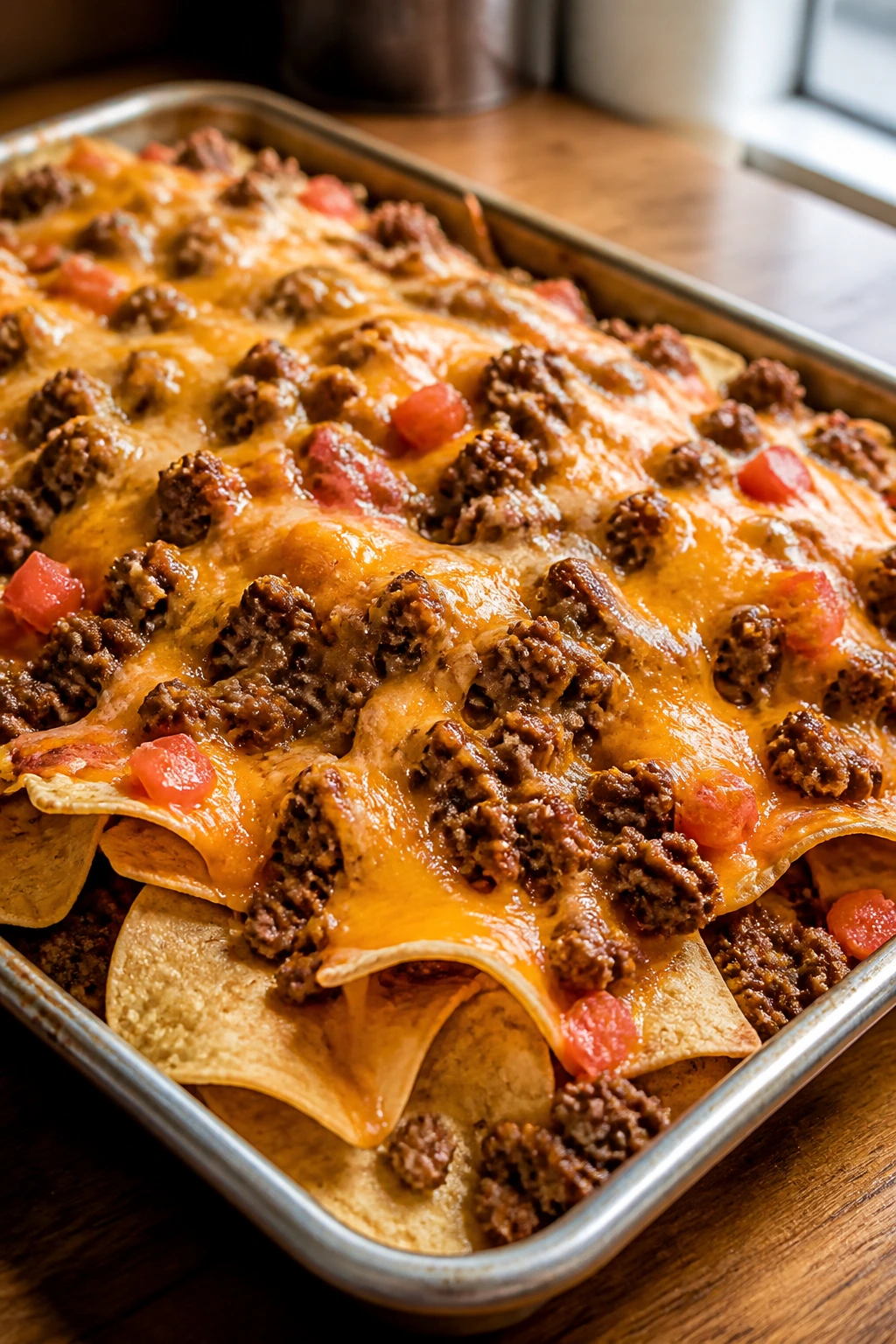 Sheet pan of mild beef nachos with cheese and beef, filling the frame