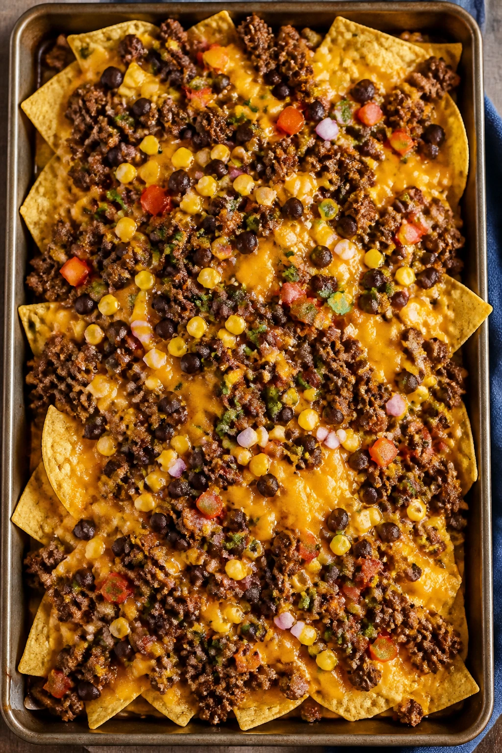 Sheet pan nachos with beef and melted cheese.