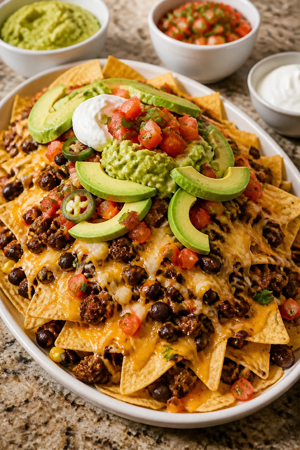 Nacho platter with cheese, avocado, salsa on a kitchen counter