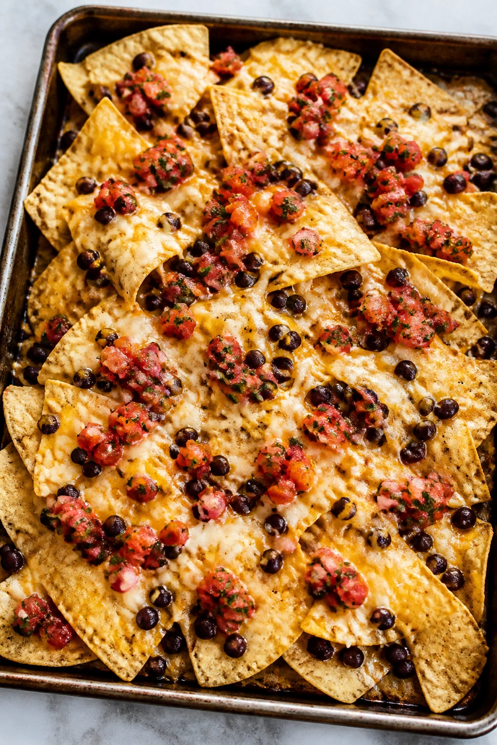 Sheet pan nachos with cheese and beans