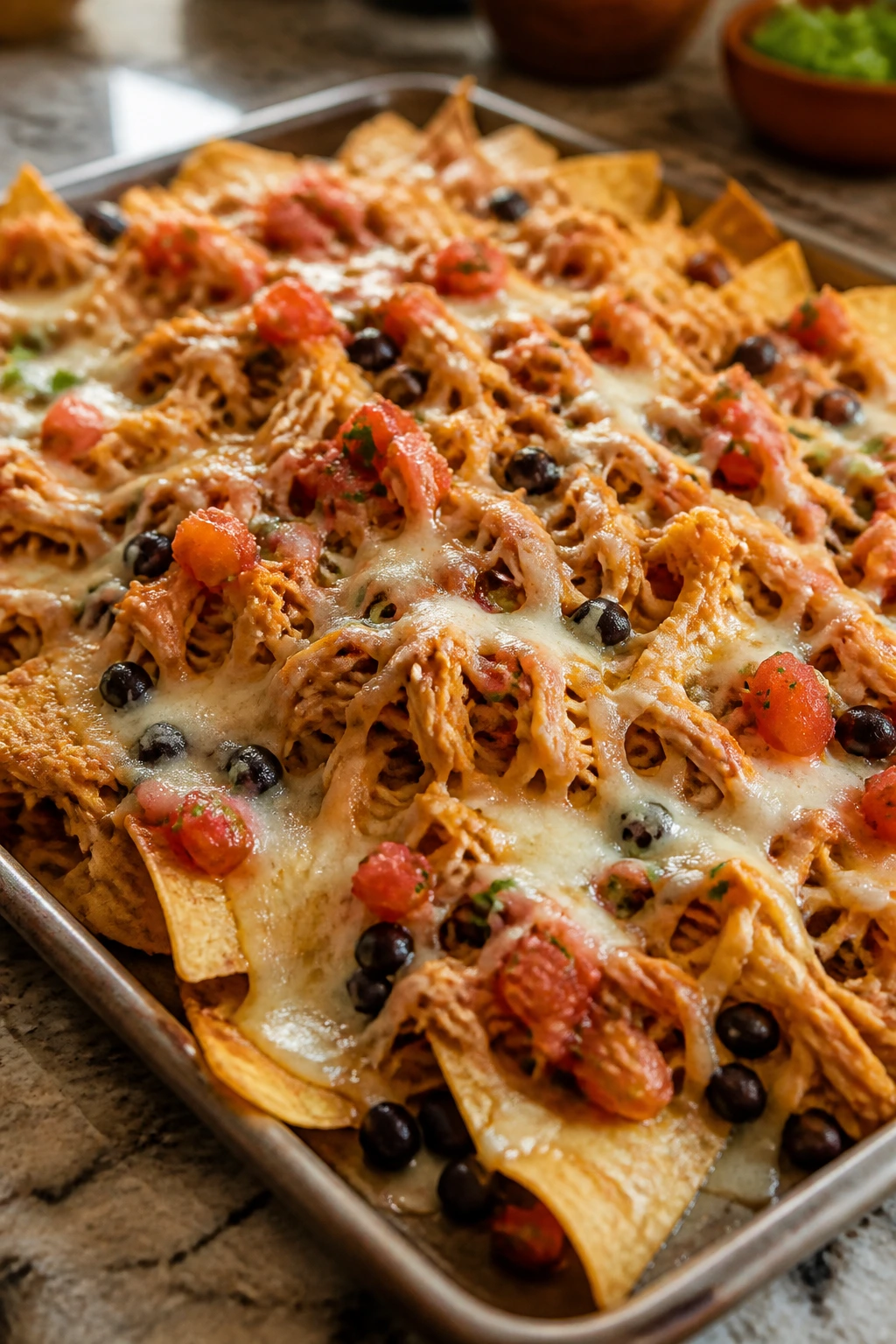 Sheet pan nachos topped with shredded chicken, beans, cheese and salsa