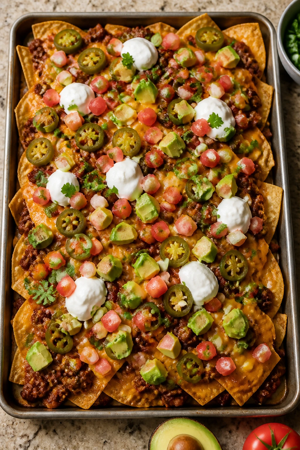 Tray of chili cheese nachos with toppings