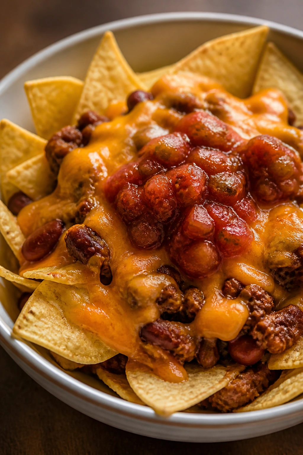 Chili and cheese over nachos in a bowl