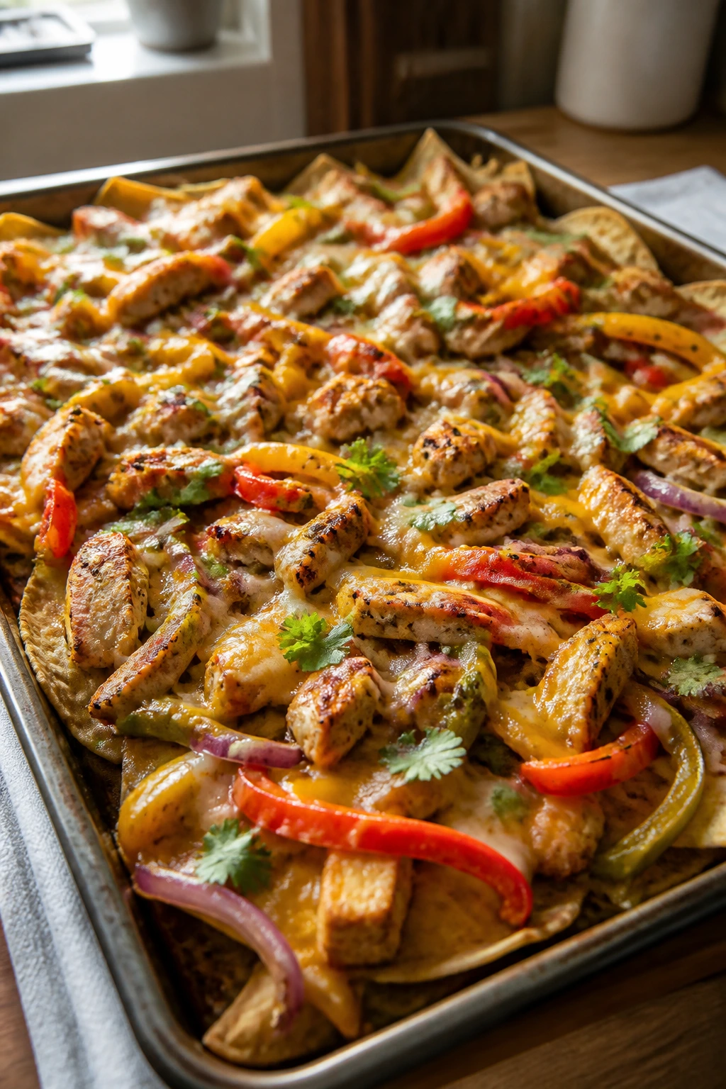 Close-up of sheet-pan nachos with chicken, peppers, and cheese.