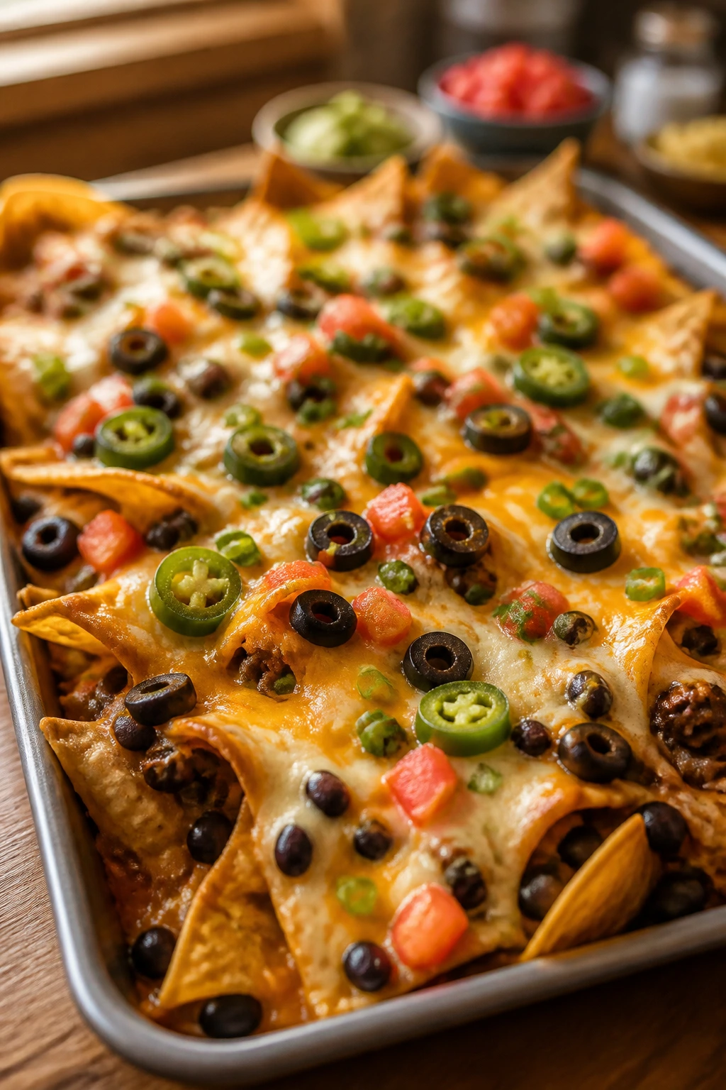 Layered nachos with cheese and toppings on a baking tray