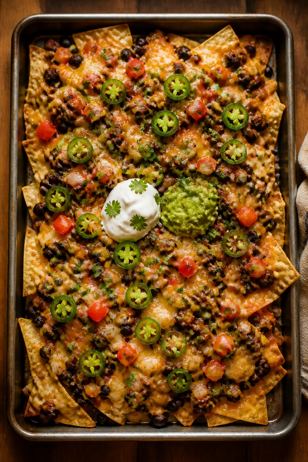 Top-down view of loaded sheet-pan nachos in a warm kitchen