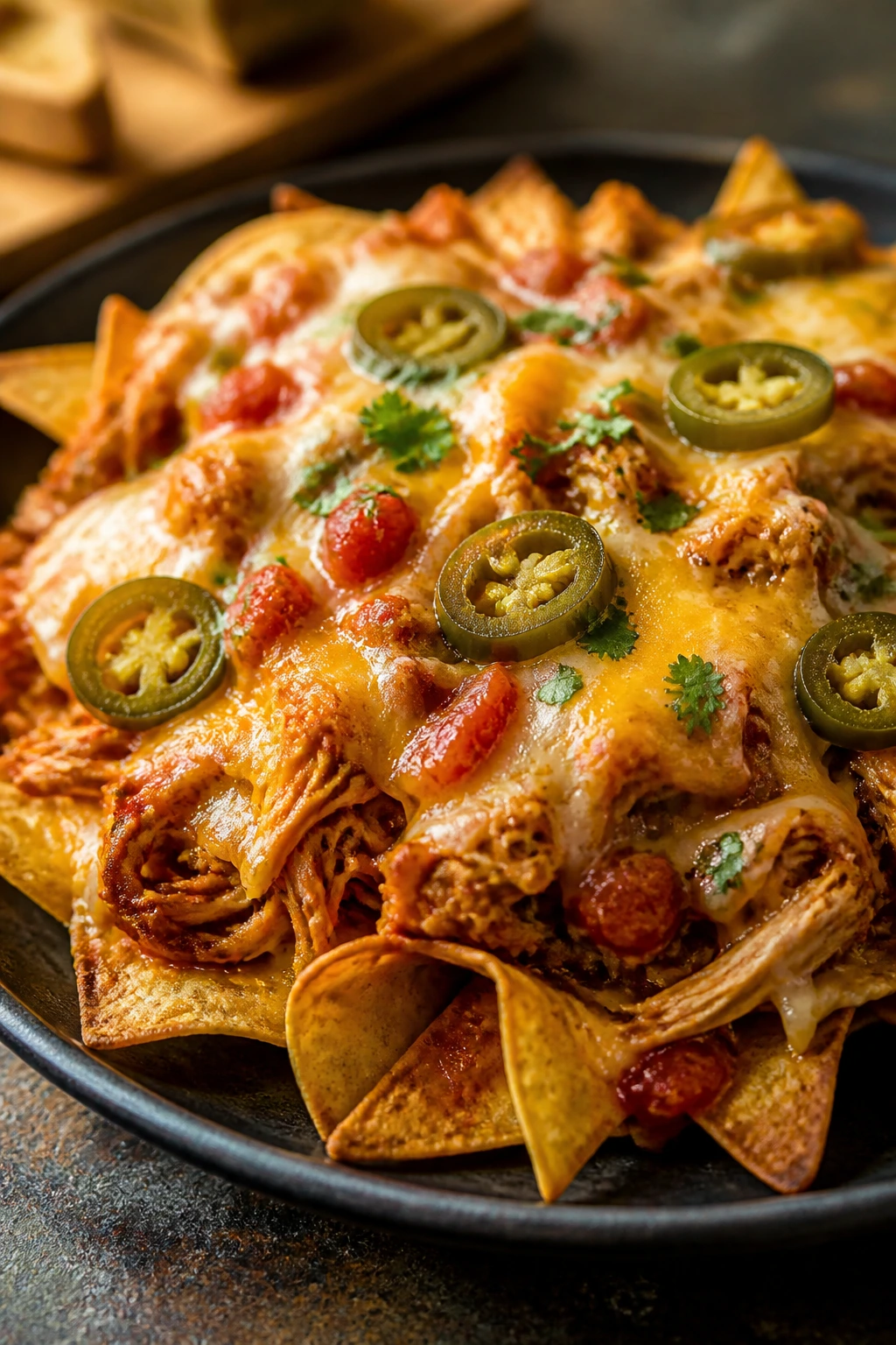 Nachos with salsa chicken and melted cheese