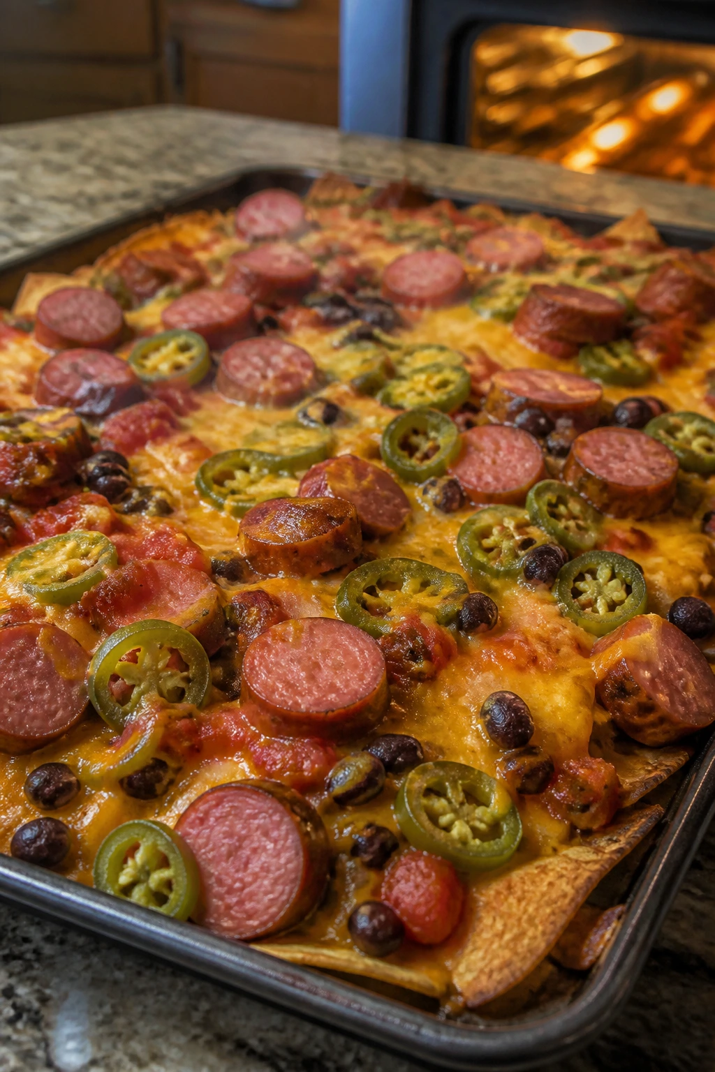 Sheet pan nachos with smoked sausage and jalapeño