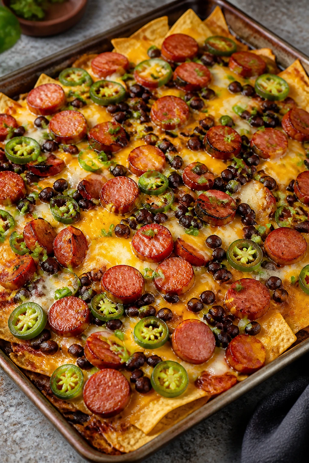 Top-down view of sheet-pan nachos with smoked sausage and cheese