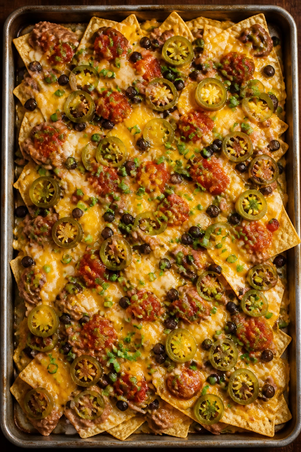Sheet-pan nachos on a pan with cheese and beans