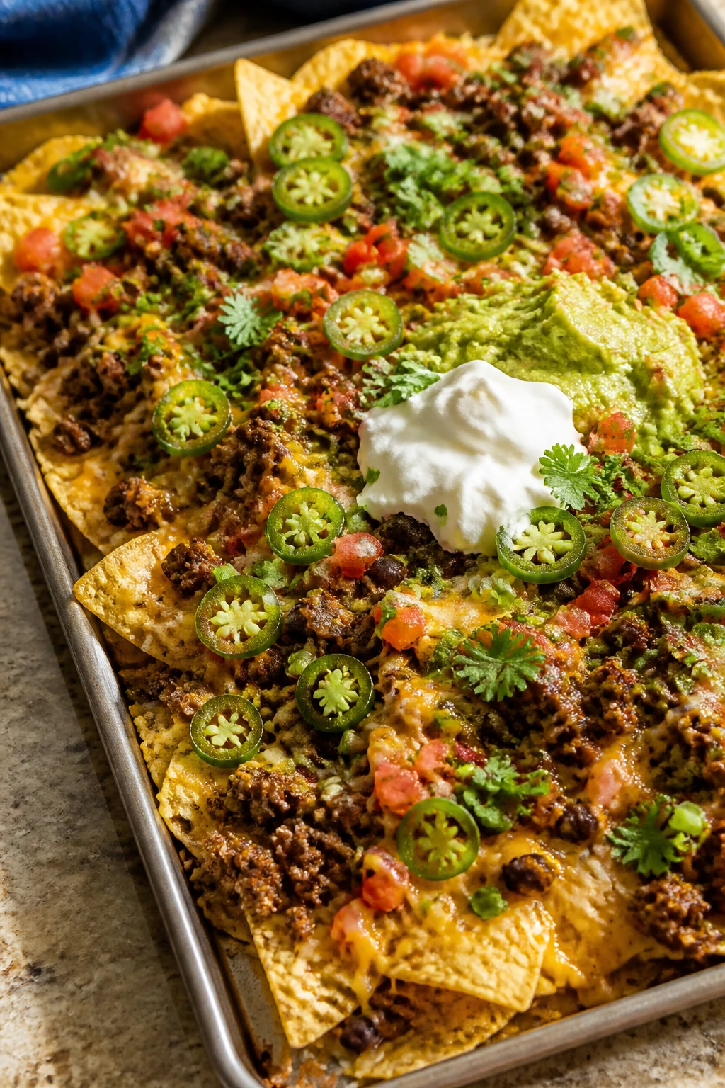 Sheet-pan nachos with cheese and toppings on a kitchen counter