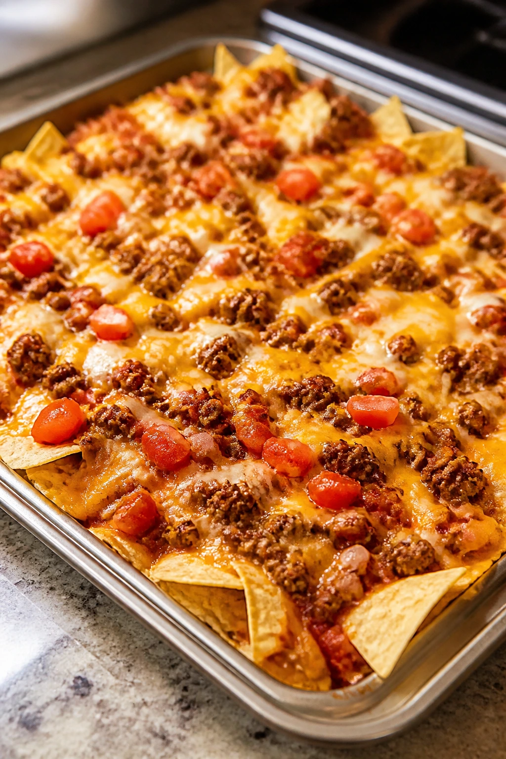 Close-up of loaded nachos on a baking tray in a bright kitchen