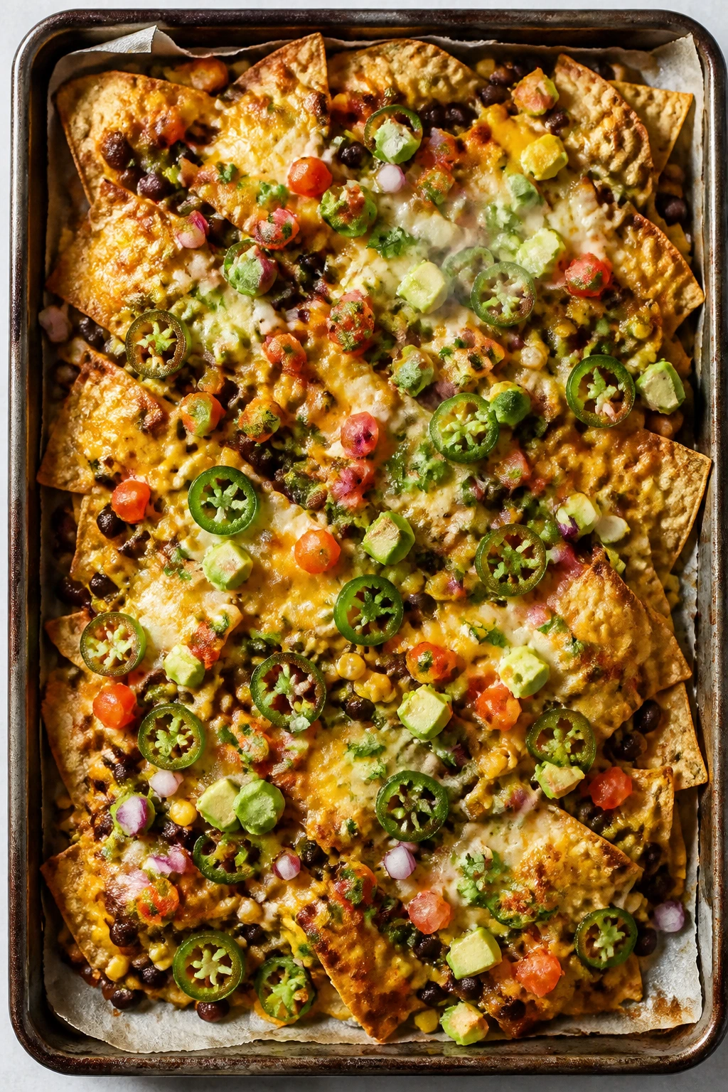 Sheet pan nachos piled high with cheese and toppings