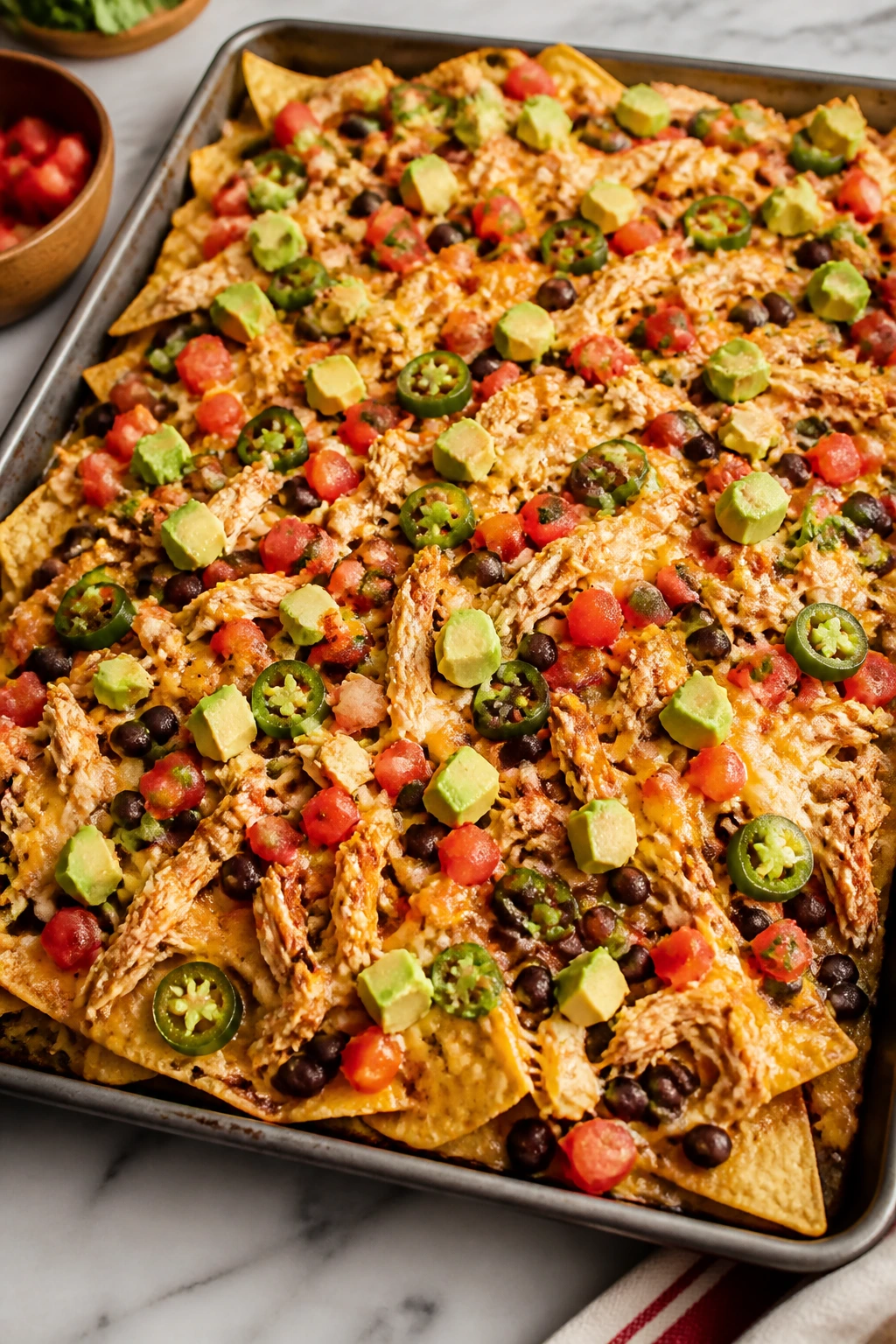 Sheet-pan nachos loaded with chicken, beans, cheese, jalapeño, tomato, and avocado