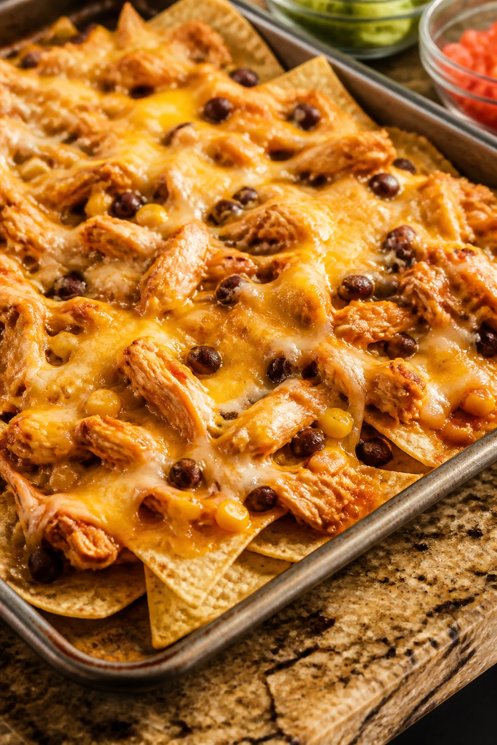 Sheet pan nachos with chicken and cheese