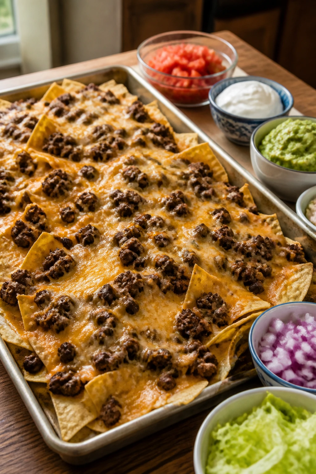 Close-up of nacho tray dinner on a sheet pan in a warm kitchen