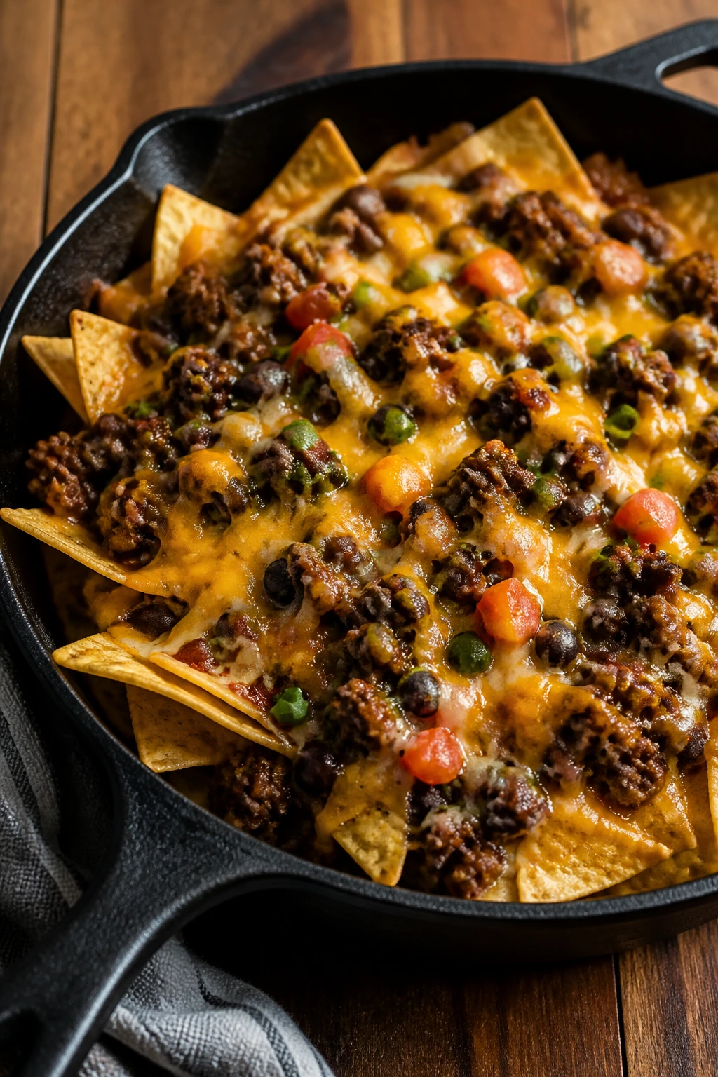 Skillet of loaded nachos with beef and beans