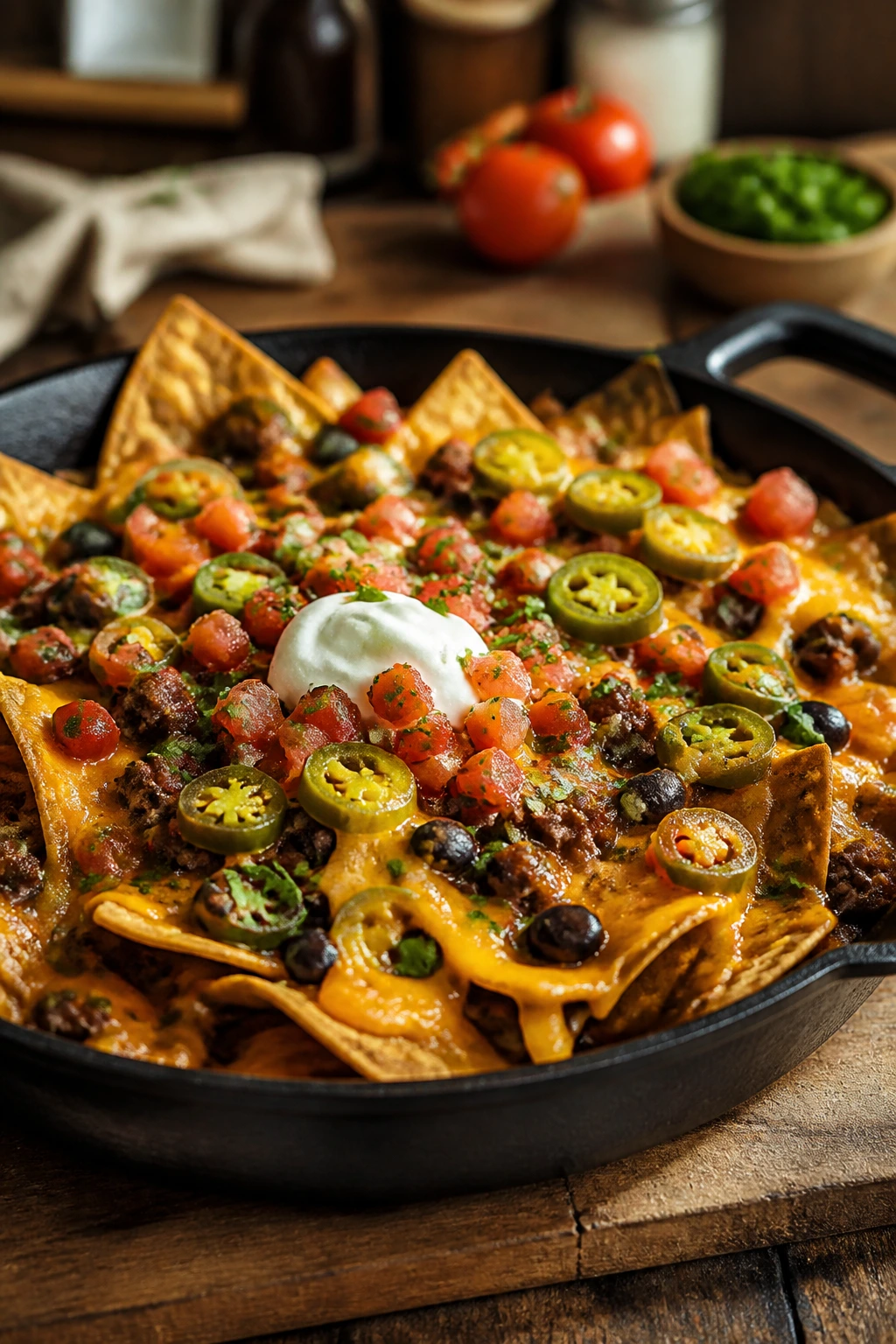 Close-up of loaded nachos in a skillet with melted cheese and toppings