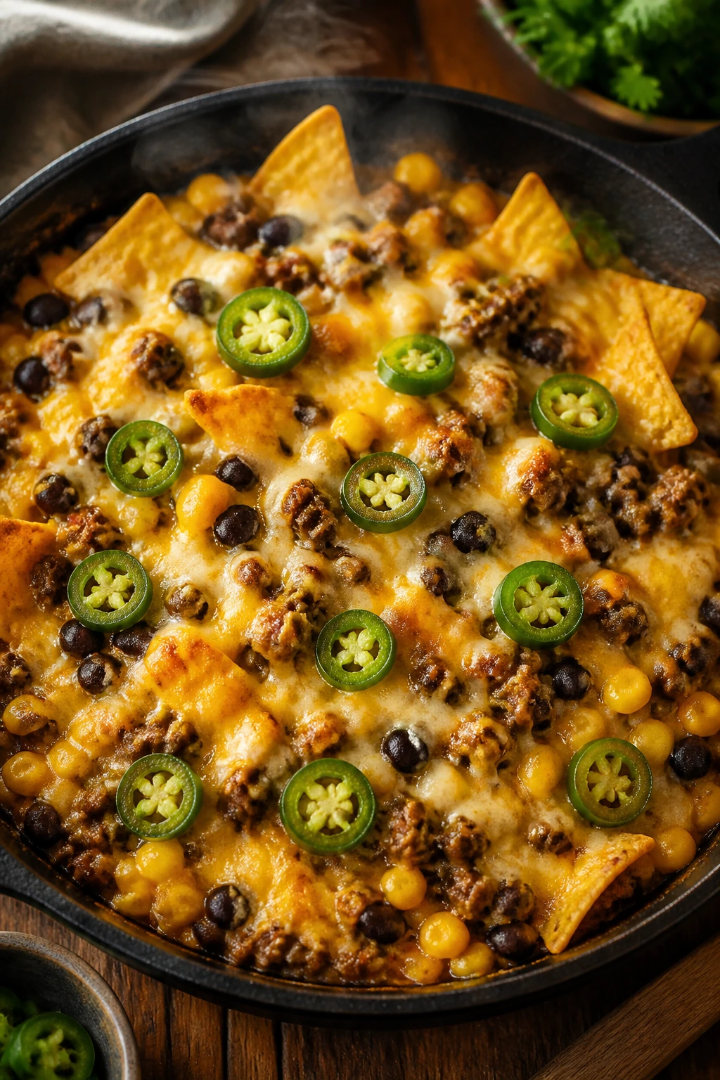 Close-up of a bubbling nacho skillet with beef, beans, corn and cheese.