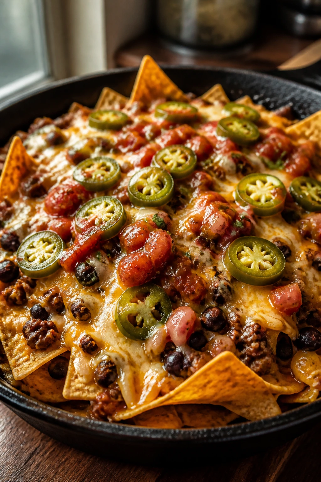 Loaded nacho skillet close-up with cheese and toppings on a hot skillet