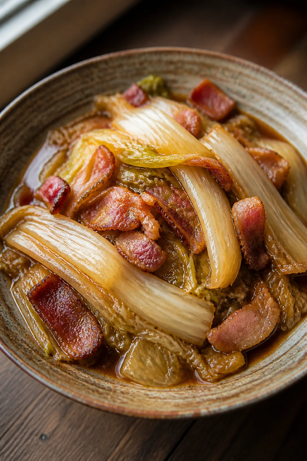 Close-up of braised napa cabbage with bacon in soy glaze in a rustic bowl