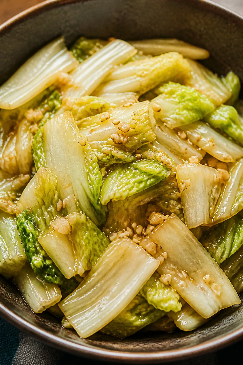 Napa cabbage with garlic and sesame in a bowl