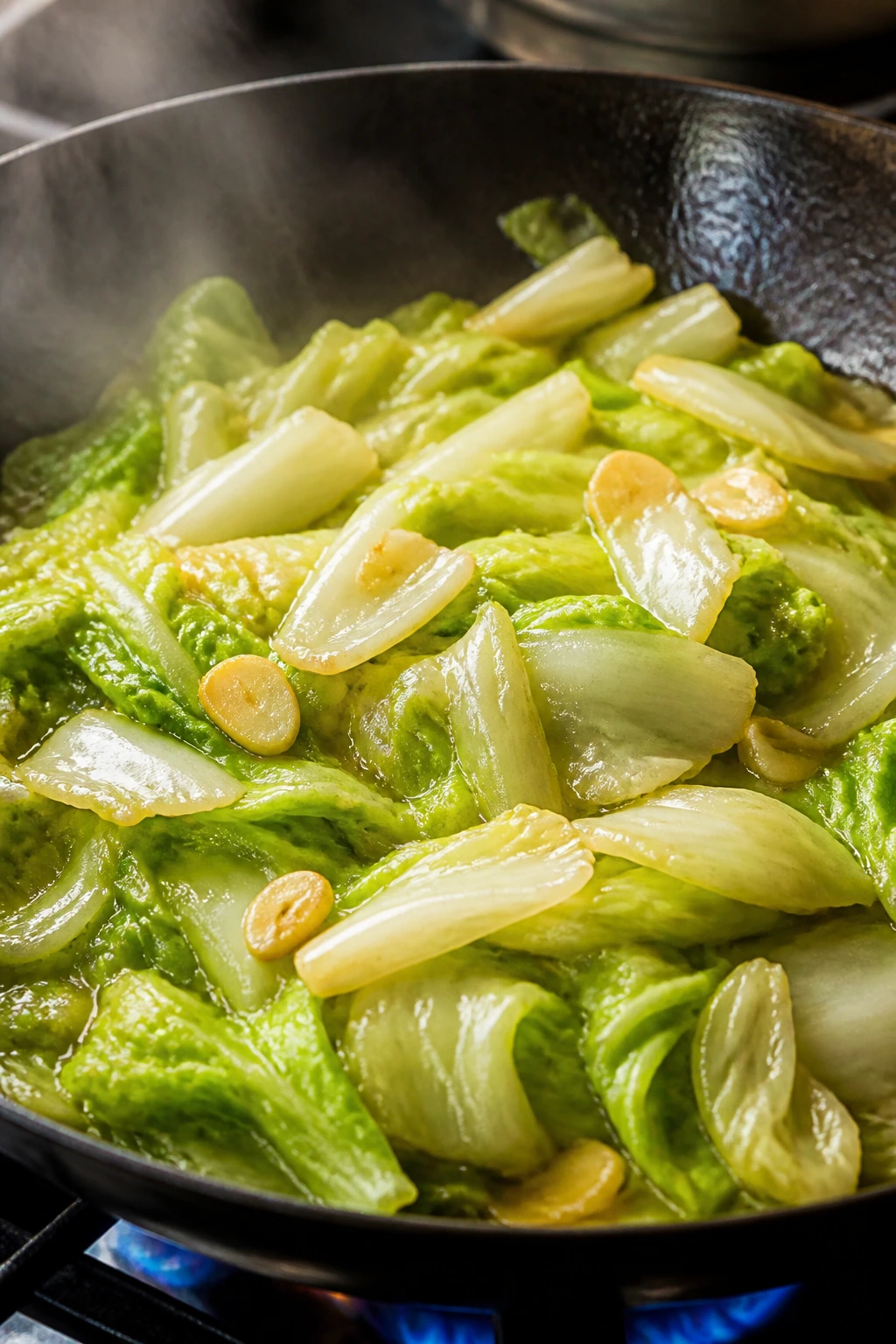 Napa cabbage stir-fry with garlic in a hot wok