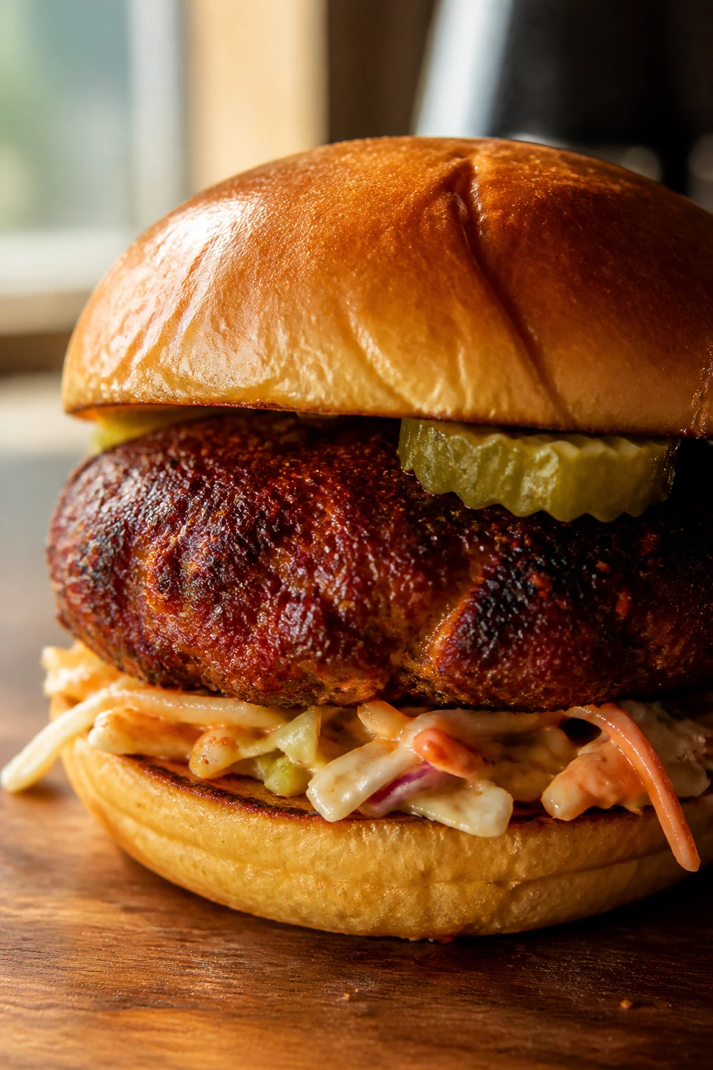 Close-up Nashville Hot Burger with cayenne crust, pickles and slaw