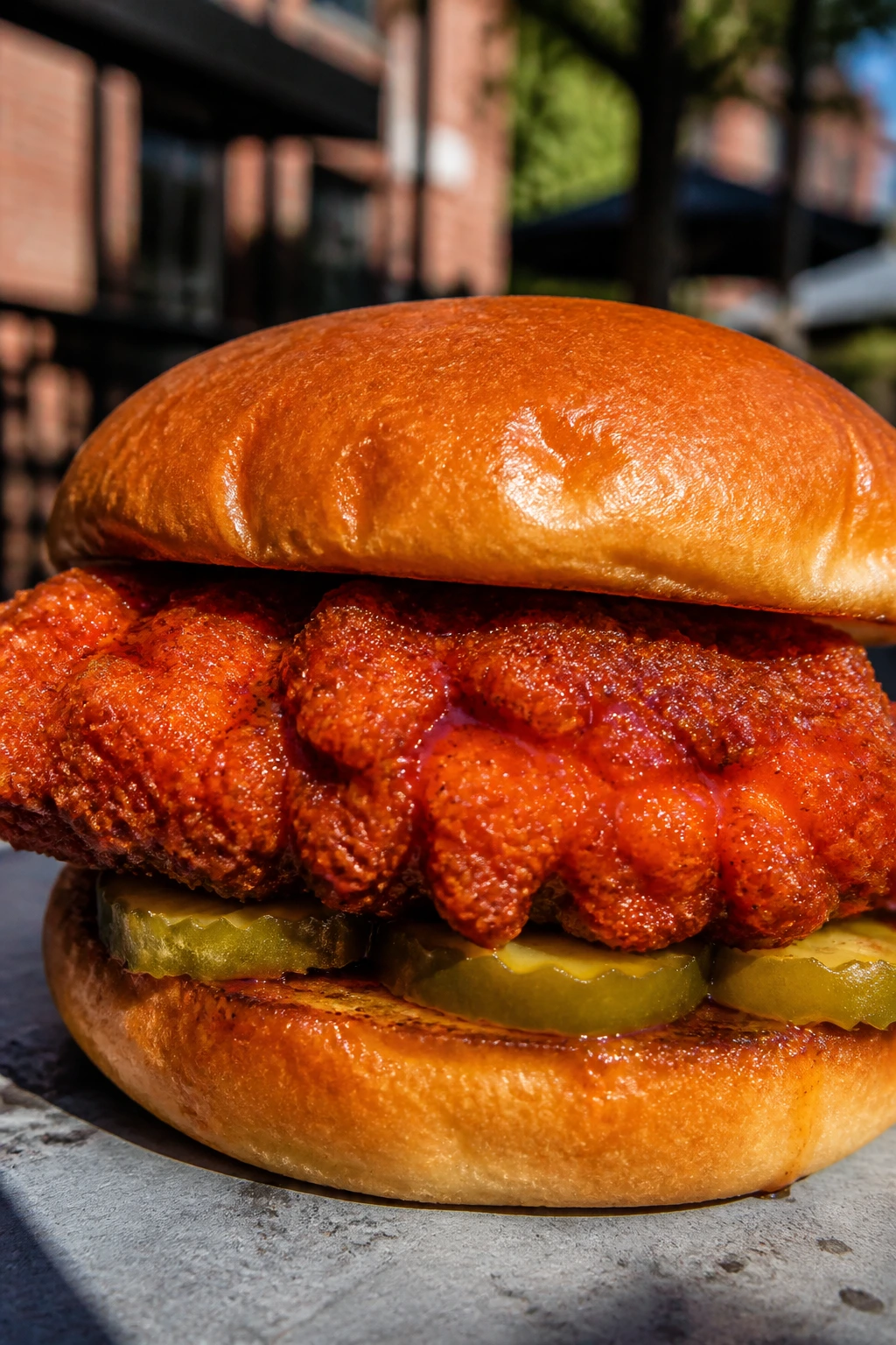 Close-up of a Nashville hot chicken sandwich with pickles outdoors