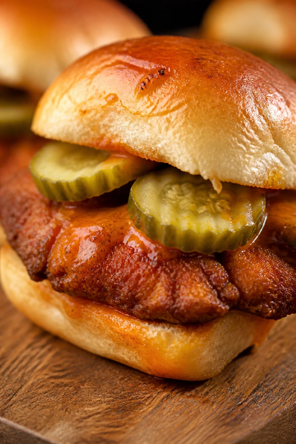 Close-up of Nashville hot pork slider with cayenne glaze and pickles