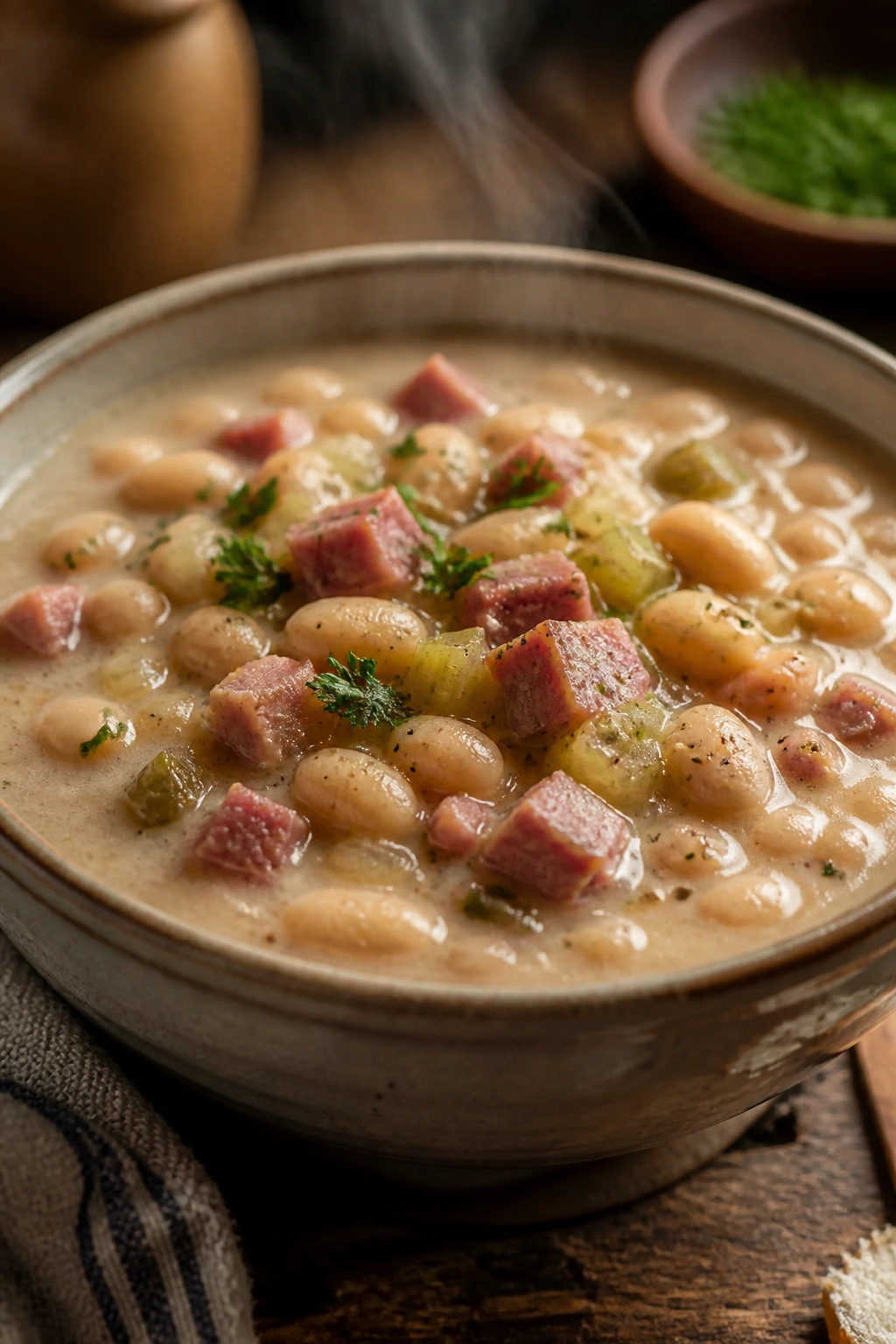 Close-up of Navy Bean and Ham Chowder in a bowl with beans and ham