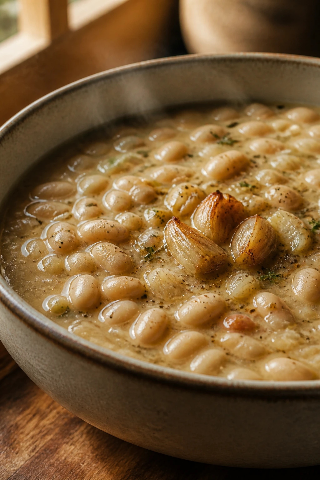 Close-up of Navy Bean and Roasted Garlic Soup in a bowl