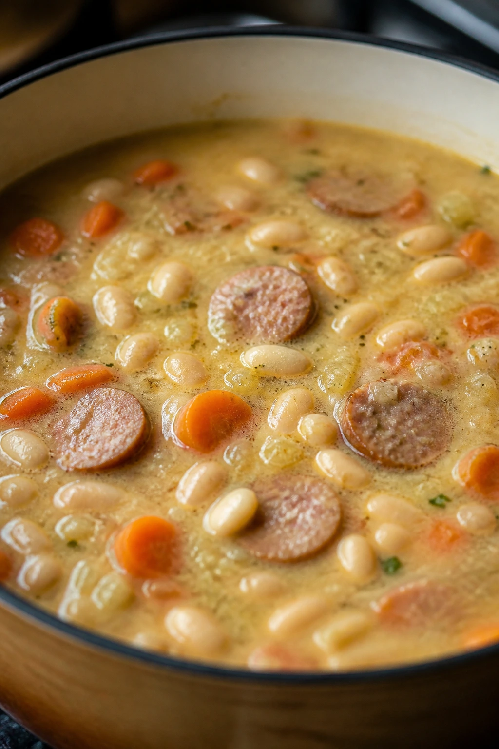 Close-up of Sausage Navy Bean Carrot Soup in a bowl with beans