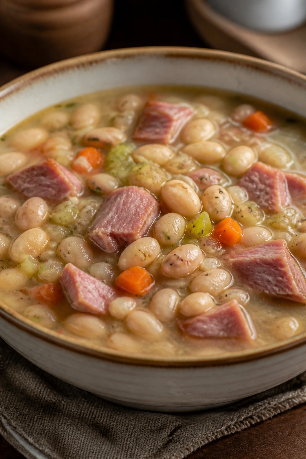 Close-up of navy bean soup with ham in a bowl on a rustic table