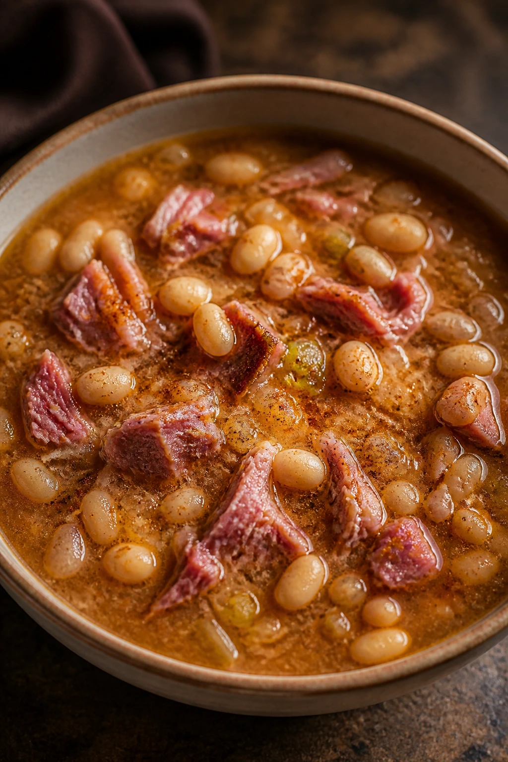 Creamy navy bean soup with ham in a warm kitchen