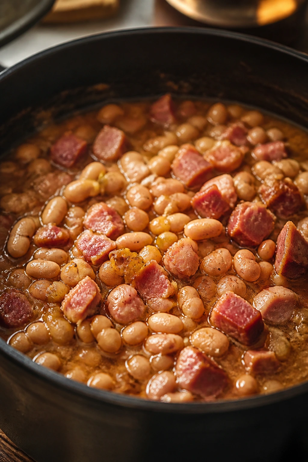 Interior view of pot with navy beans and meat chunks