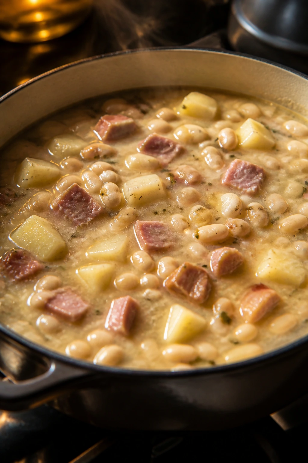 Close-up of thick creamy ham and bean soup with beans and ham on stove