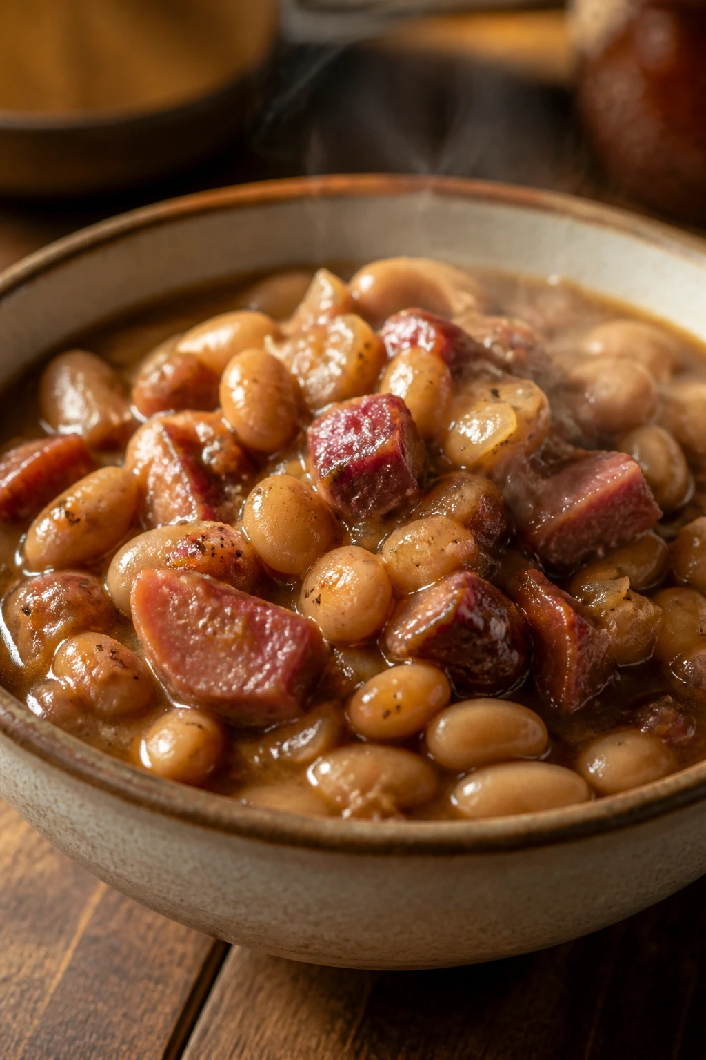 Steaming bowl of smoky ham and beans with brown sugar glaze on wood