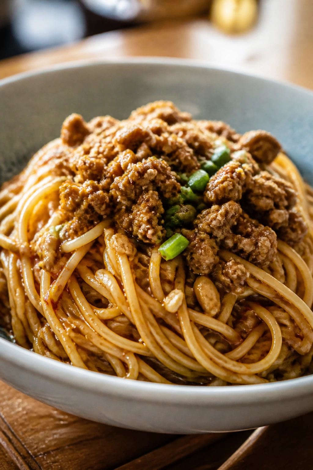 Close-up of Dan Dan Noodles with chili sesame sauce and pork on top