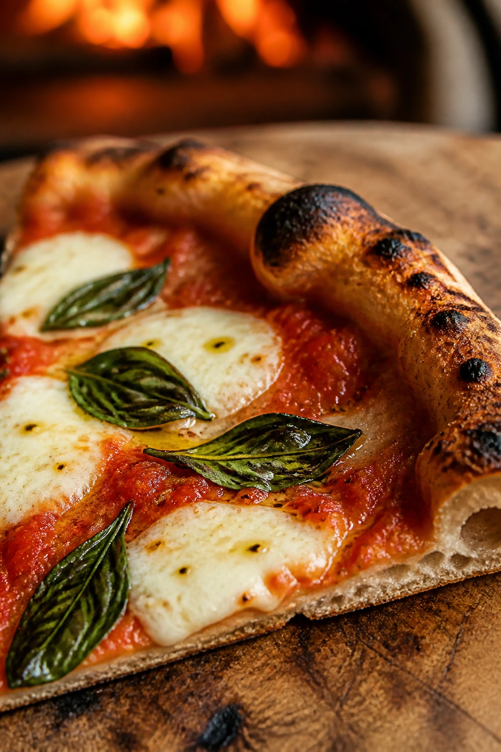 Neapolitan Margherita-style pizza slice with tomato, mozzarella, and basil.