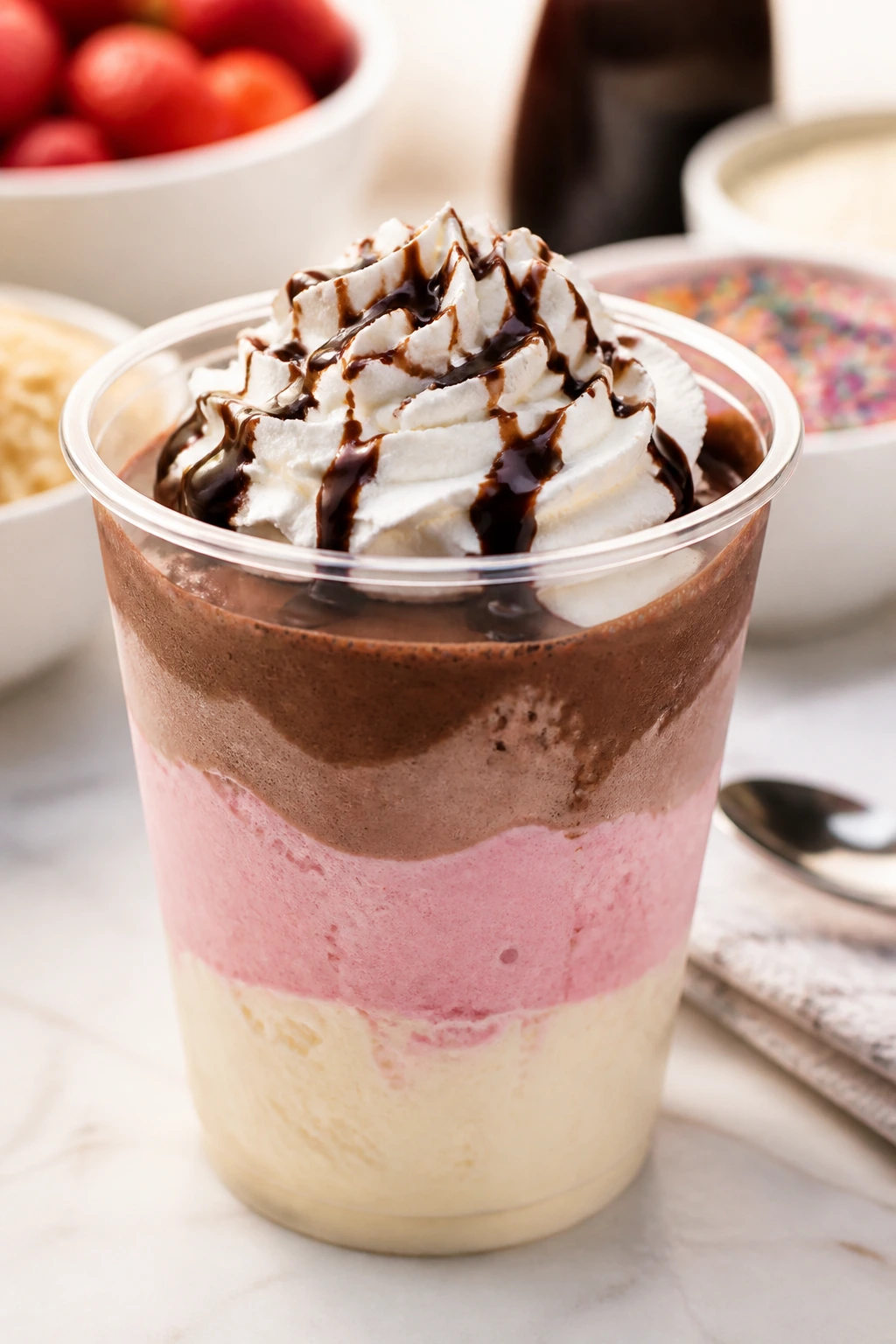 Close-up of neapolitan parfait showing three ice cream stripes