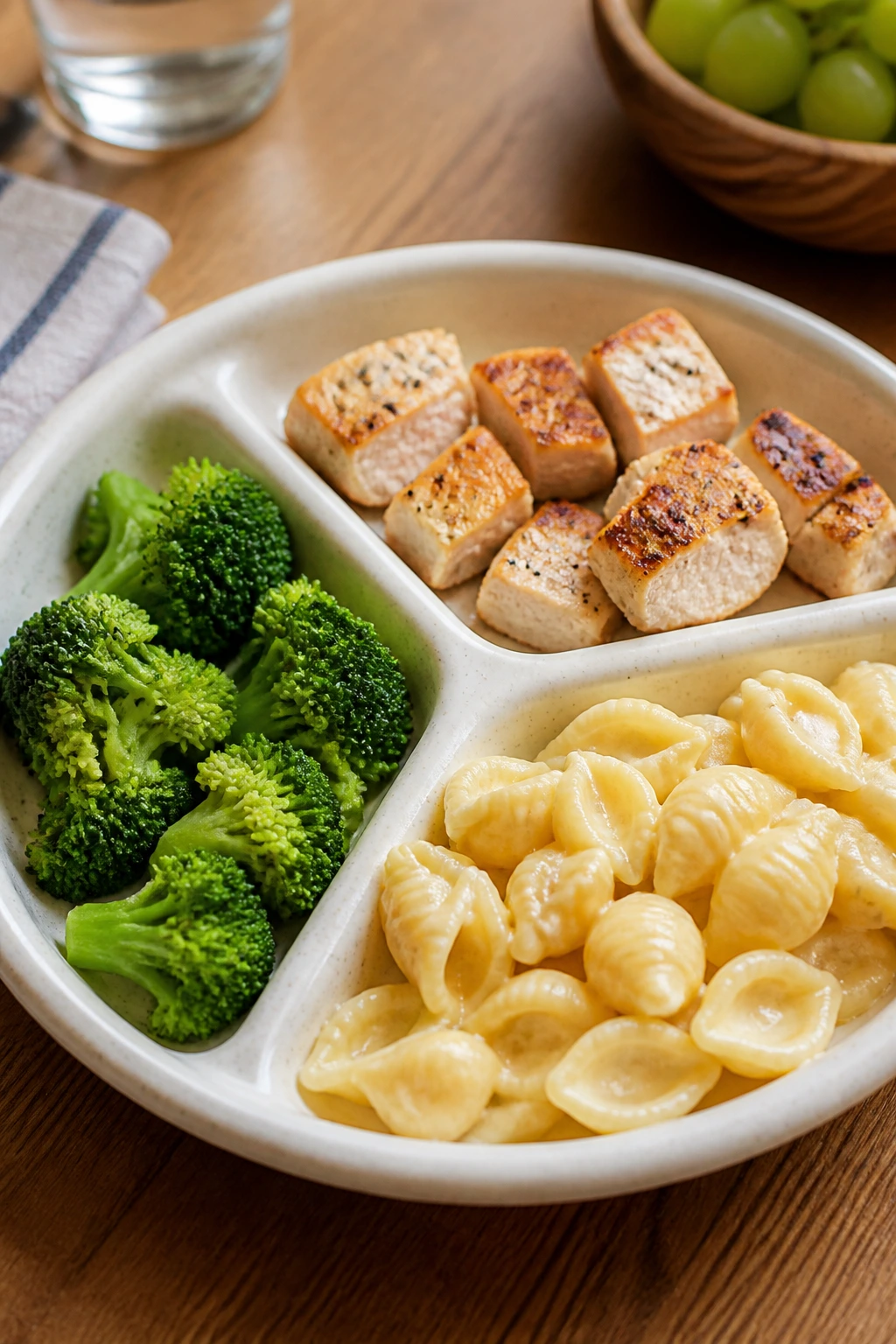 Divided plate showing neatly separated sections of food on a dining table