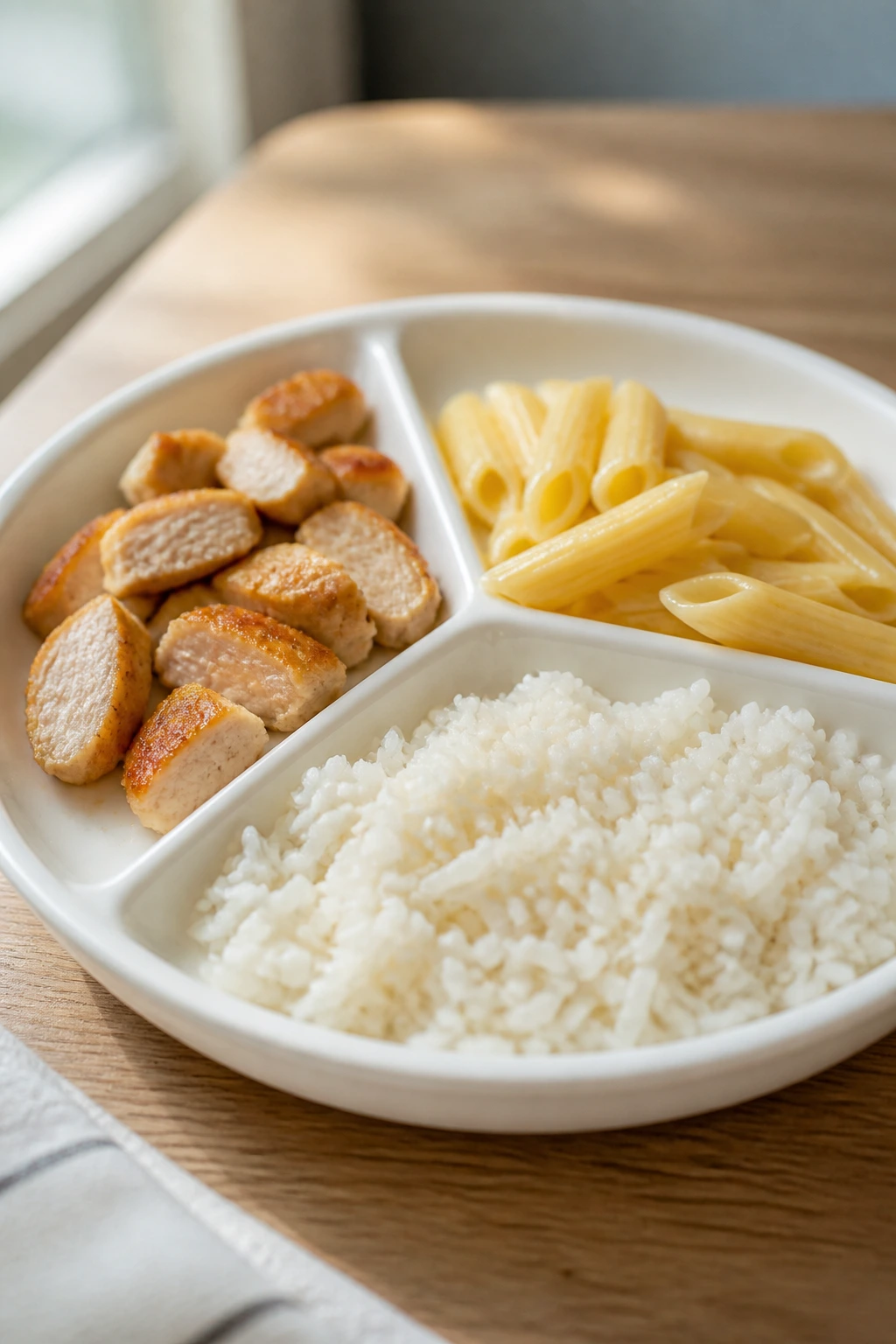Plate neatly divided into sections with chicken, pasta, and rice