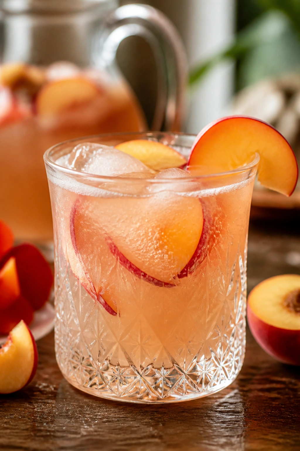 Close-up of a glass of nectarine champagne punch with nectarine slices on a rustic brunch table