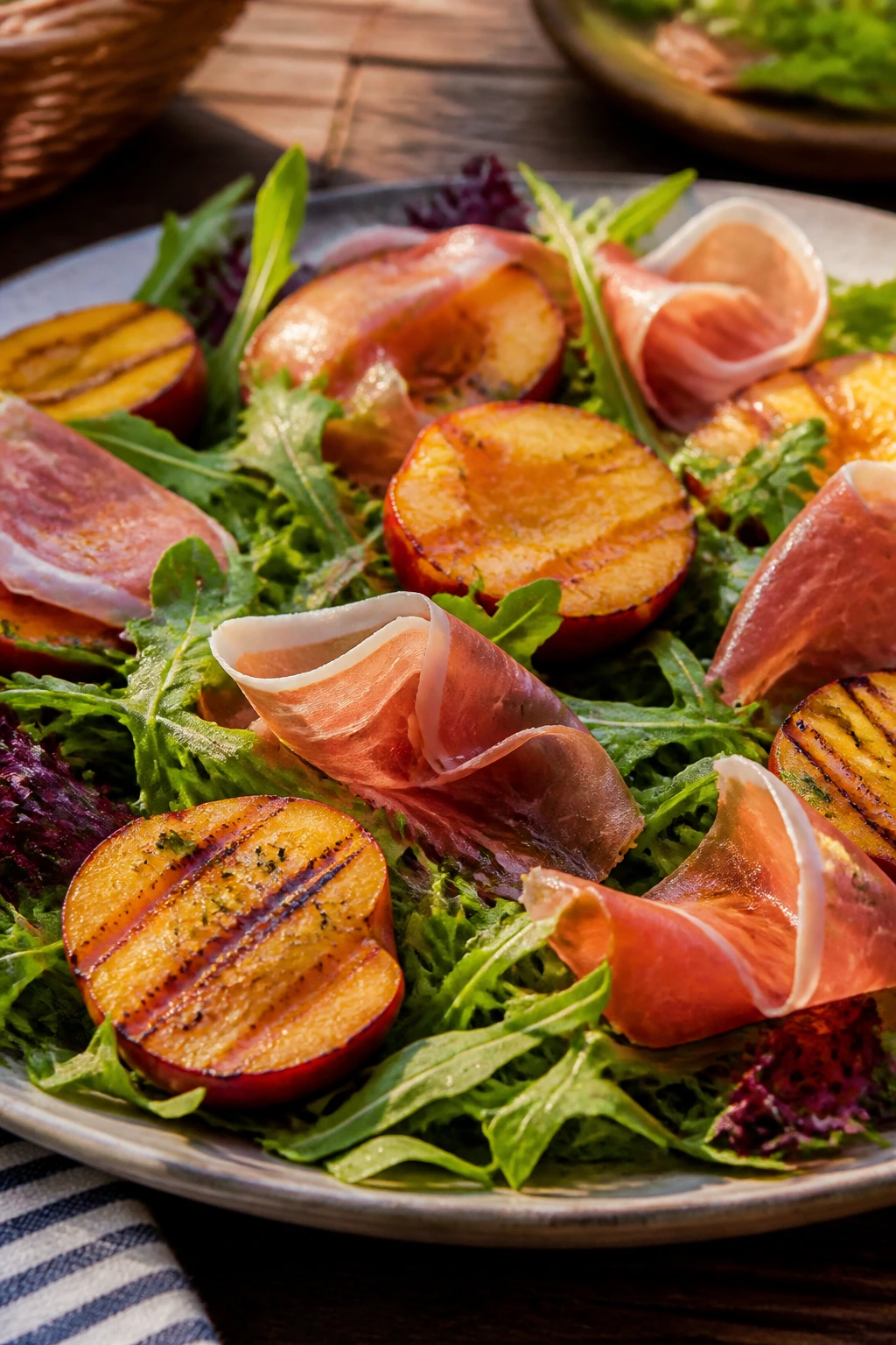 Close-up of grilled nectarine with prosciutto over greens on a picnic platter