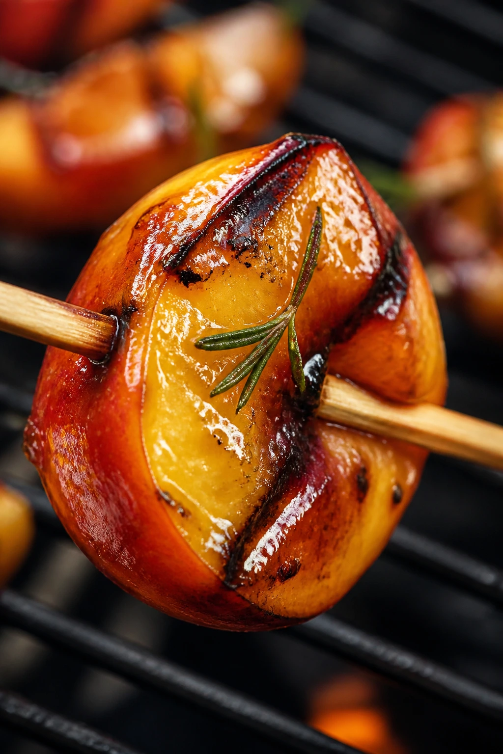 Close-up of a nectarine wedge on a skewer with glaze, grilled outdoors
