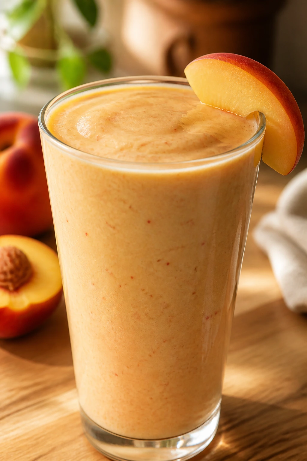 Close-up of a nectarines vanilla smoothie in a glass on a sunlit kitchen counter