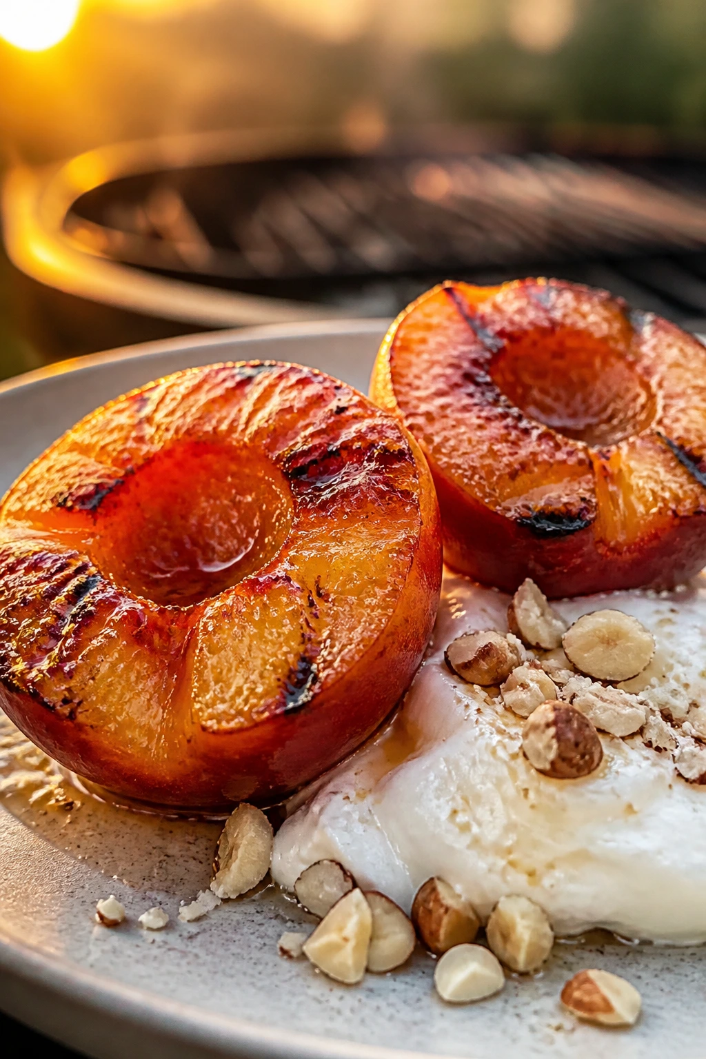 Close-up of grilled nectarines with mascarpone and nuts on a rustic plate outdoors