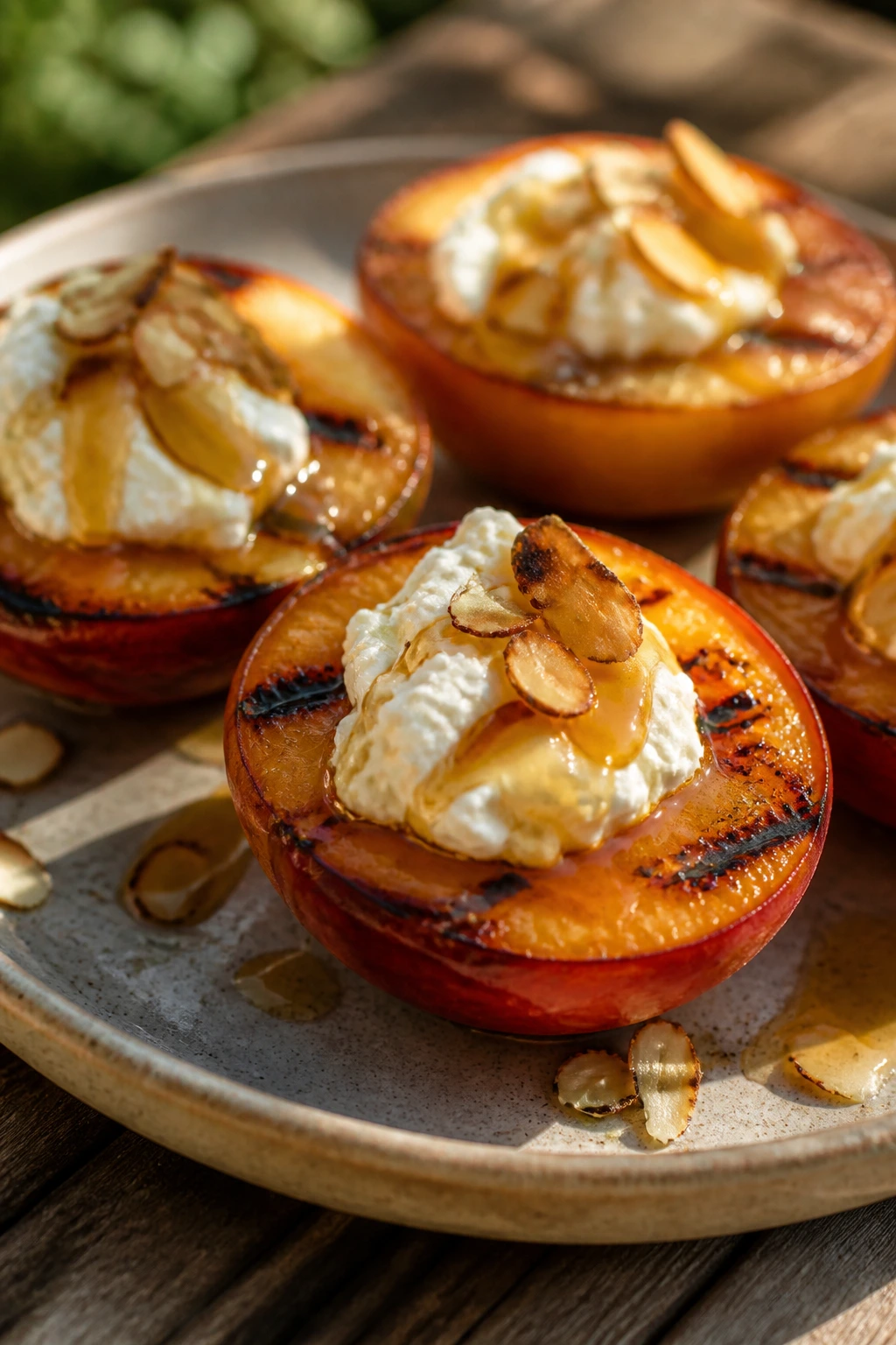 Close-up of grilled nectarines with mascarpone and almonds on a rustic plate