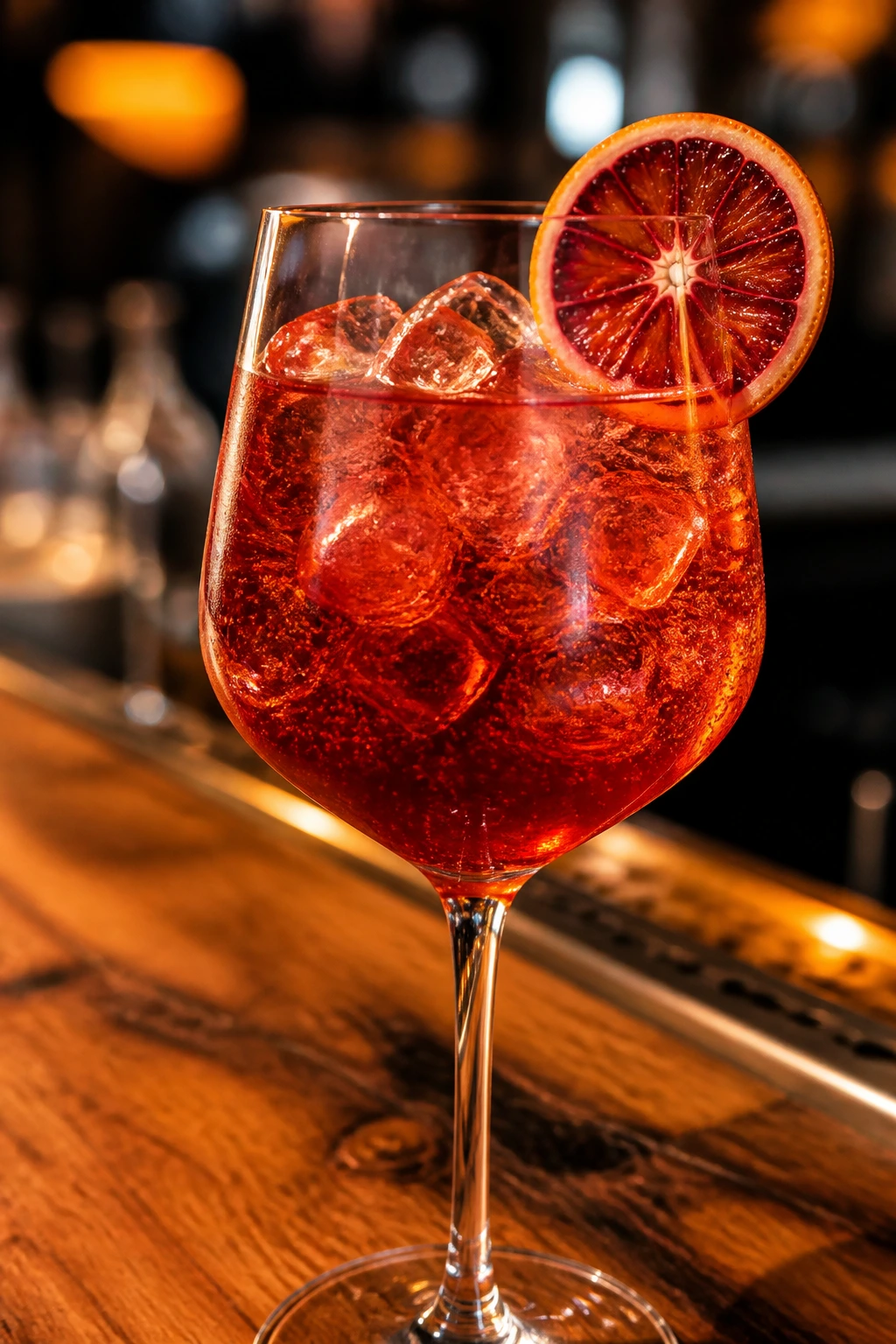 Wine glass of Blood Orange Negroni Spritz with blood orange slice